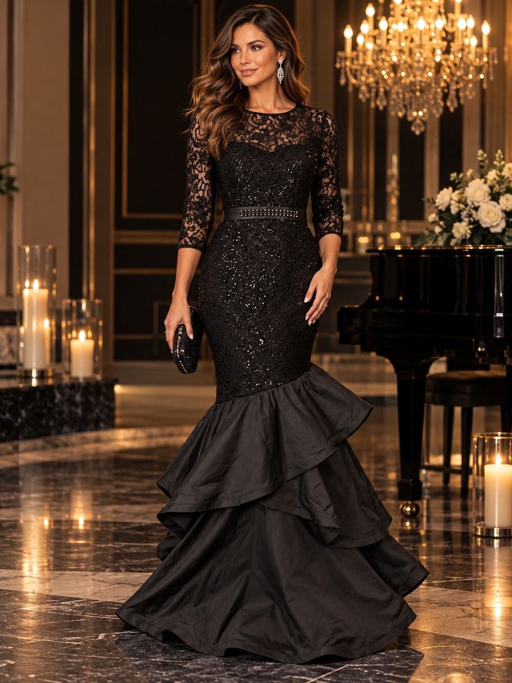 Teri Jon Mermaid Gown Sequin Lace Size 14 Black Formal Evening Dress Ruffle Hem